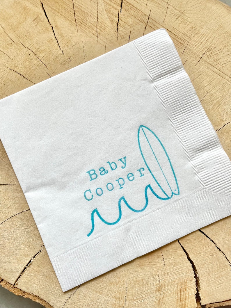 25 Baby on Board Surf Baby Shower Custom Cocktail Napkins White Napkins Bright Blue ink Baby Birthday 3 Ply Paper beverage napkins 5x5 image 6