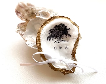 Custom Live oak oyster shell ring bearer pillow with white ribbon decoupaged oyster southern wedding with initials