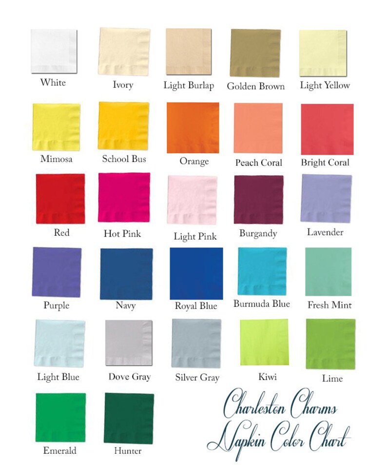 Pode incluir: Um gr&aacute;fico de cores de guardanapos de papel quadrados em v&aacute;rias cores, incluindo branco, marfim e lona clara. O gr&aacute;fico exibe cores como mimosa, amarelo escolar e laranja. O texto "Charleston Charms Napkin Color Chart" est&aacute; na parte inferior.