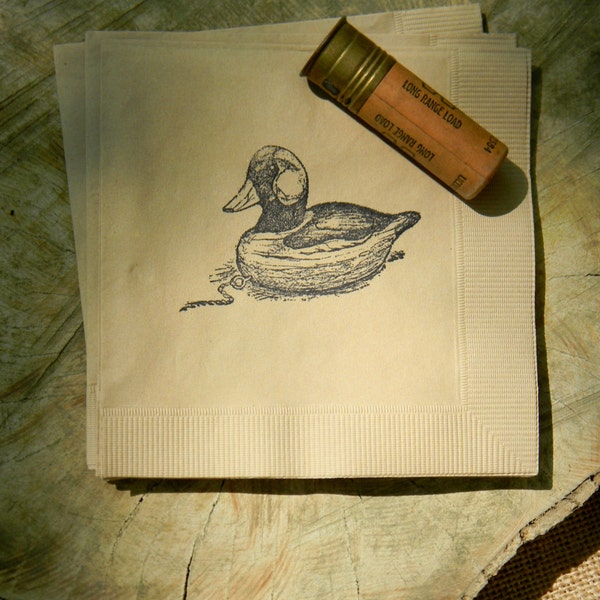 Light Burlap Brown Wooden Vintage Duck Decoy Rustic Hand Stamped Outdoorsmen Hunting Paper Wedding 3 Ply Paper Cocktail Napkins - Set of 50