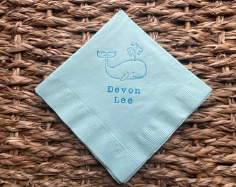 25 Personalized Baby Whale Baby Shower Custom Cocktail Napkins Light Blue Napkins Bright Blue ink Birthday 3 Ply Paper beverage napkins 5x5