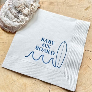 25 Baby on Board Surf Nautical Beach Baby Shower Cocktail Napkins White Napkins Navy Blue ink 3 Ply Paper beverage napkins 5x5 image 2