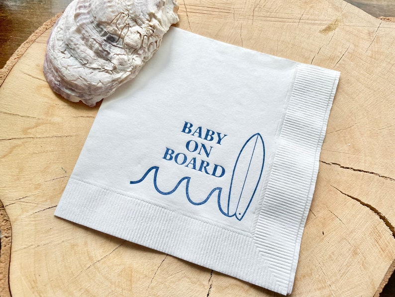 25 Baby on Board Surf Nautical Beach Baby Shower Cocktail Napkins White Napkins Navy Blue ink 3 Ply Paper beverage napkins 5x5 image 2