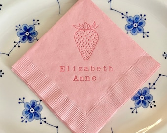 Personalized Strawberry Girls Baby Shower Custom Birthday Party 3 Ply Paper light pink beverage napkins in light pink ink 5x5 set of 50
