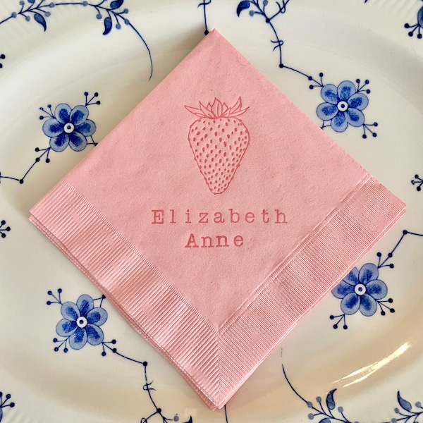 Personalized Strawberry Girls Baby Shower Custom Birthday Party 3 Ply Paper light pink beverage napkins in light pink ink 5x5 set of 50