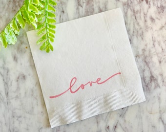 25 Love cocktail napkins in white napkins with light pink ink Wedding Valentine’s Day party napkins beverage simple cursive 5x5 inches