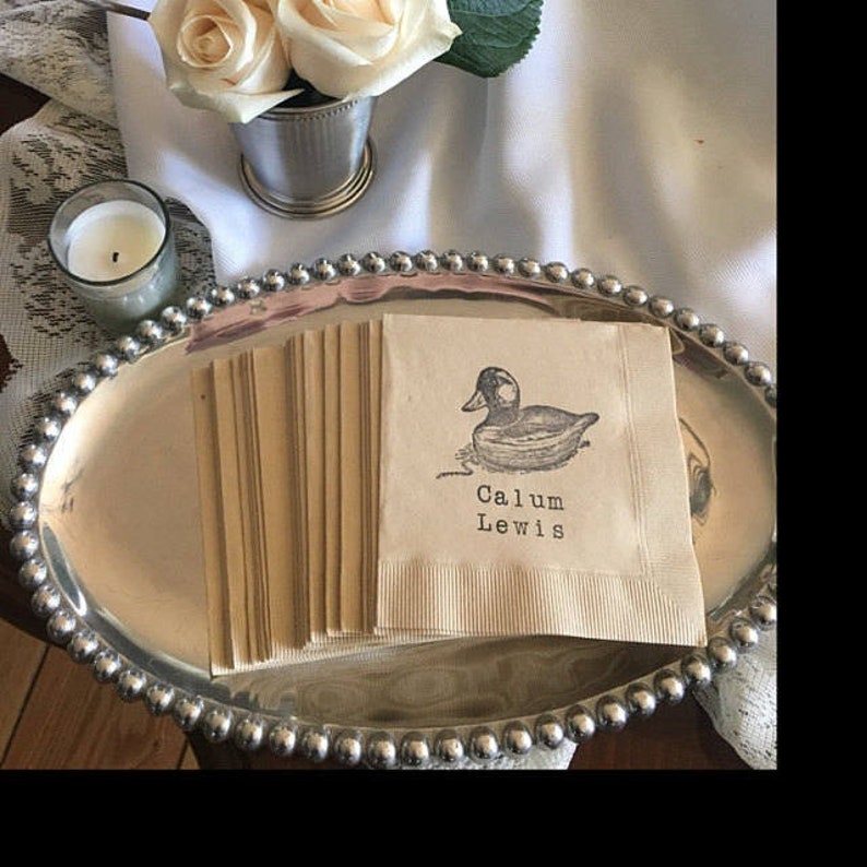 Personalized Light Burlap Brown Wooden Vintage Duck Decoy Rustic Outdoorsmen Hunting Paper Wedding Cocktail Napkins with Name Set of 50 image 1