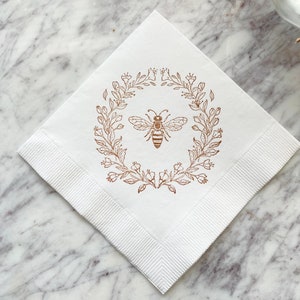 Bee Laurel Wreath White 3 Ply Paper Beverage Cocktail Napkins Wedding or Baby Shower Baby bee Honey Outdoor Garden Party Sepia Set of 50 image 1