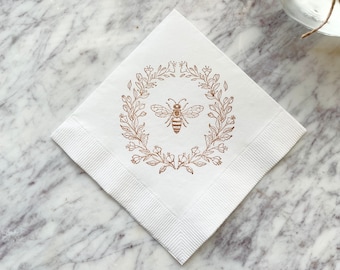 Bee Laurel Wreath White 3 Ply Paper Beverage Cocktail Napkins Wedding or Baby Shower Baby bee Honey Outdoor Garden Party Sepia - Set of 50