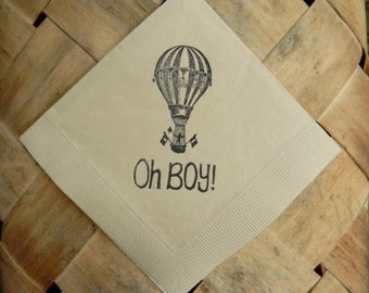 Baby Shower Oh Boy Hot Air Balloon Light Burlap Beige 3 Ply Paper Beverage Cocktail Napkins Vintage Baby Shower Party Supplies - Set of 50