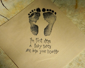 The First Steps a Baby Takes are Into Your Heart Baby Shower Footprints Light Burlap Paper Cocktail Napkins Baby Girl or Baby Boy- Set of 50
