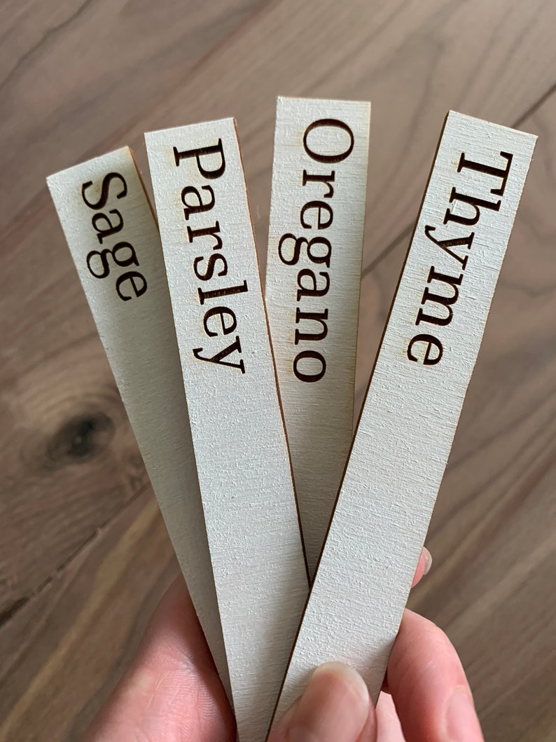 Op de afbeelding: Vier houten tuinlabels met de namen van kruiden: Salie, Peterselie, Oregano en Tijm. De tekst is donkerbruin op een licht houten achtergrond. De labels zijn rechthoekig en licht schuin.