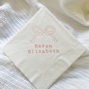 Personalized Baby Bow Ribbon Shower White Beverage Cocktail Napkins Baby Girl in Light Pink ink Set of 50 image 2