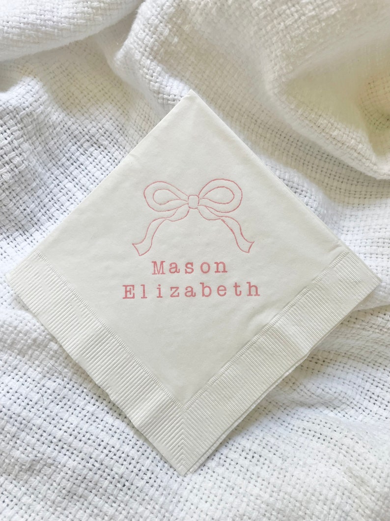 Personalized Baby Bow Ribbon Shower White Beverage Cocktail Napkins Baby Girl in Light Pink ink Set of 50 image 2