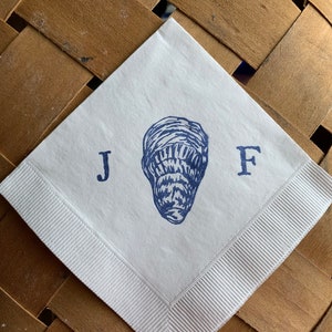 Oyster Shell Personalized Nautical Beach Marsh Wedding Beverage Napkins in Ivory Paper Cocktail Napkins with Couples Initials Set of 50 image 8