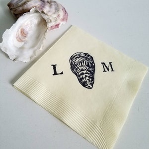 Oyster Shell Personalized Nautical Beach Marsh Wedding Beverage Napkins in Ivory Paper Cocktail Napkins with Couples Initials Set of 50 image 2