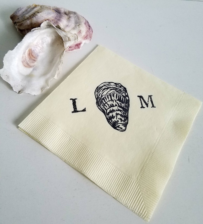 Oyster Shell Personalized Nautical Beach Marsh Wedding Beverage Napkins in Ivory Paper Cocktail Napkins with Couples Initials Set of 50 image 2