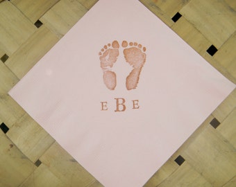 Baby Shower Footprints Personalized Small and Large Letter Monogram Cute 3 Ply Paper Luncheon Dinner Napkins in Sepia ink - Set of 50
