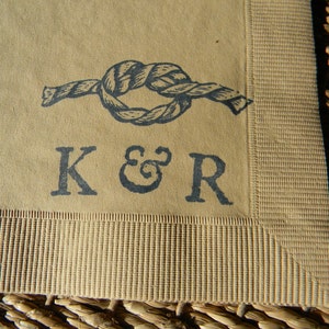 Vintage Knot Personalized Nautical Wedding Napkins in Light Burlap 3 Ply Paper Wedding Cocktail Napkins with Couples Initials- Set of 50