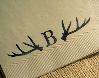 Personalized Deer Antler Light Burlap Rustic Woodsy Fall Wedding 3 Ply Paper Cocktail Napkins with Couples Last Initial Monogram- Set of 50