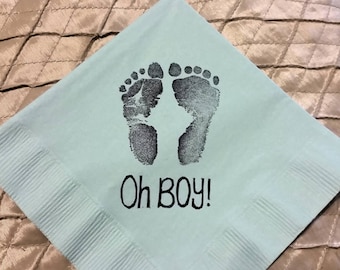 25 Oh Boy Baby Shower Little Footprints Light Blue 3 Ply Paper Beverage Cocktail Napkins Cute Baby Boy Party Decor