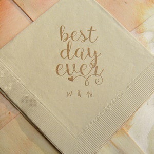 Personalized Best Day Ever Light Burlap Brown Rustic Wedding Cocktail Napkins with Coffee ink and couples initials - Set of 50