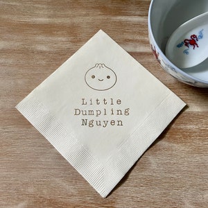 Custom Little Dumpling Baby Shower Ivory 3 ply Paper Beverage Cocktail Napkins Birthday Party Asian bao cute decor in coffee ink - Set of 50