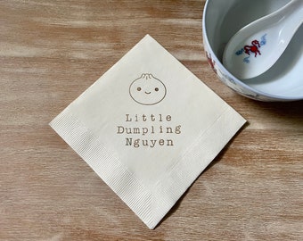 Custom Little Dumpling Baby Shower Ivory 3 ply Paper Beverage Cocktail Napkins Birthday Party Asian bao cute decor in coffee ink - Set of 50