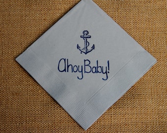 Ahoy Baby Vintage Anchor Nautical Baby Shower Napkins Dove Gray Paper Cocktail Napkins in Navy ink- Set of 50