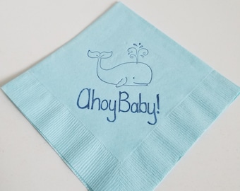 25 Ahoy Baby Whale Nautical Baby Shower Nautical Cute Baby Whale Napkins Light Blue 3 Ply Paper Beverage Cocktail Napkins in Navy ink