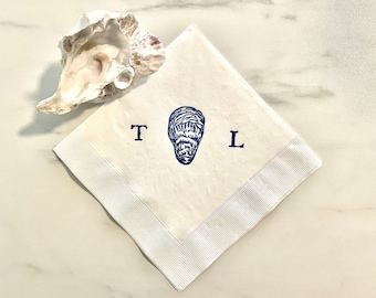 50 White Oyster Shell Personalized Nautical Beach Marsh Wedding Paper Luncheon Dinner Napkins with Couples Initials in Black ink 6.5x6.5
