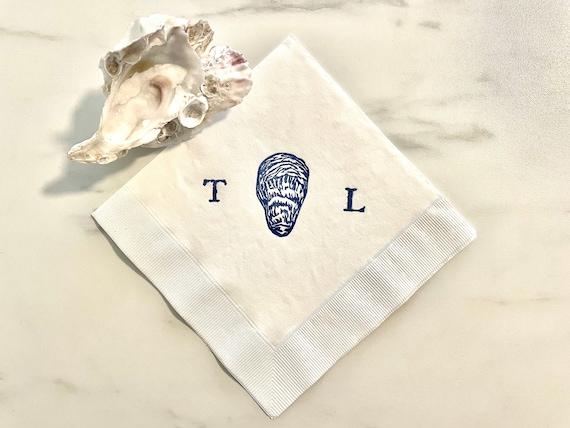 50 White Oyster Shell Personalized Nautical Beach Marsh Wedding Paper Luncheon Dinner Napkins with Couples Initials in Black ink 6.5x6.5