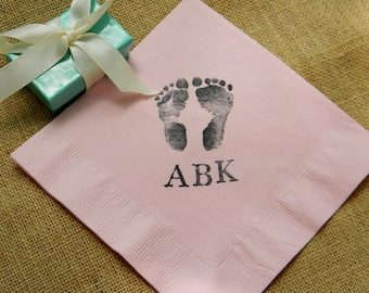 Baby Shower Footprints and Hand Prints Light Pink Personalized Monogram Luncheon Dinner Napkins Gender Neutral Girl or Boy- Set of 50