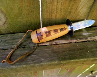 Morris Island Lighthouse Rustic Wooden Oyster Knife Groomsmen or Bridesmaid Wedding Gift with Leather Cord Handle