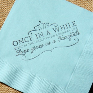 Fairytale Love Light Blue Paper Wedding Cocktail Napkins Once in a While Crown Stamped 3 ply Custom Beverage Napkins Set of 50 image 3