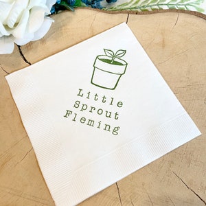 Personalized Little Sprout 3 ply Paper Cocktail Napkins Beverage Garden Spring Summer Baby Shower 5x5 inches in Olive Green ink - set of 50