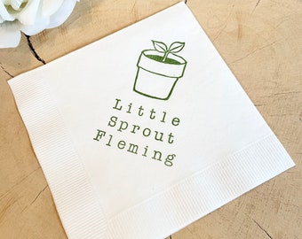 Personalized Little Sprout 3 ply Paper Cocktail Napkins Beverage Garden Spring Summer Baby Shower 5x5 inches in Olive Green ink - set of 50