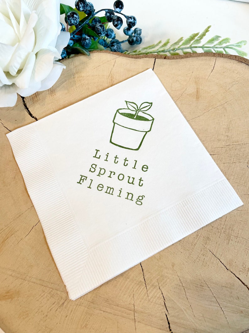 Personalized Little Sprout 3 ply Paper Cocktail Napkins Beverage Garden Spring Summer Baby Shower 5x5 inches in Olive Green ink set of 50 image 1