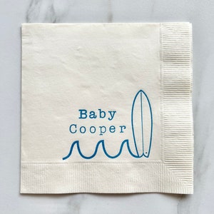 25 Baby on Board Surf Baby Shower Custom Cocktail Napkins White Napkins Bright Blue ink Baby Birthday 3 Ply Paper beverage napkins 5x5 image 5