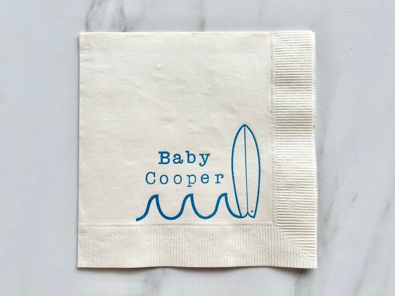 25 Baby on Board Surf Baby Shower Custom Cocktail Napkins White Napkins Bright Blue ink Baby Birthday 3 Ply Paper beverage napkins 5x5 image 5