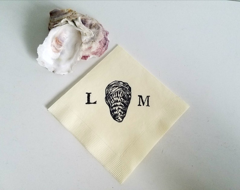 Oyster Shell Personalized Nautical Beach Marsh Wedding Beverage Napkins in Ivory Paper Cocktail Napkins with Couples Initials Set of 50 Ivory