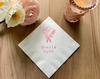 Personalized Baby Bonnet Shower White Beverage Cocktail Napkins Baby Sprinkle Girl or Boy Gender neutral  in Light Pink ink- Set of 50
