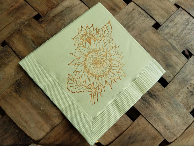 Rustic Sunflower Country Southern Wedding Light Yellow 3 Ply Paper Beverage Cocktail Napkins with Ladybug in Sepia ink 5x5