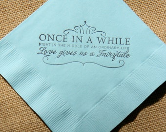 Fairytale Love Light Blue Paper Wedding Cocktail Napkins Once in a While Crown Stamped 3 ply Custom Beverage Napkins  - Set of 50