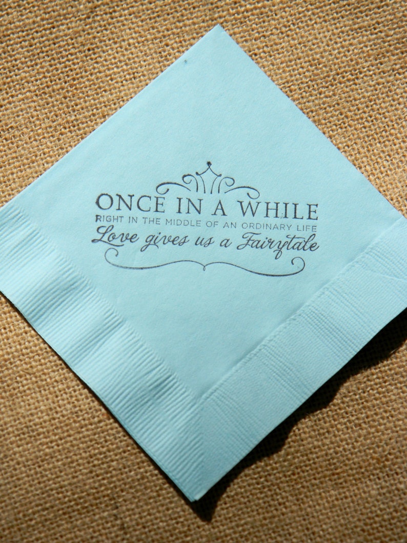 Fairytale Love Light Blue Paper Wedding Cocktail Napkins Once in a While Crown Stamped 3 ply Custom Beverage Napkins Set of 50 image 1