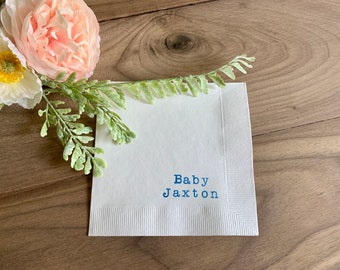 25 servilletas de cóctel minimalistas personalizadas para Baby Shower, servilletas blancas, tinta azul brillante, cumpleaños del bebé, servilletas de papel de 3 capas para bebidas, 5x5