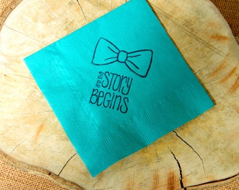 Teal Bowtie And The Story Begins Baby Shower Paper Baby Bow 3 Ply Paper Beverage Cocktail Napkins with Navy Ink Gender Neutral - set of 50