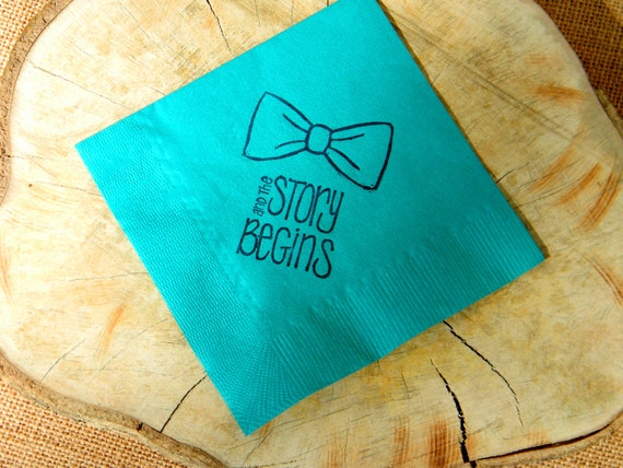 Teal Bowtie And The Story Begins Baby Shower Paper Baby Bow 3 Ply Paper Beverage Cocktail Napkins with Navy Ink Gender Neutral - set of 50