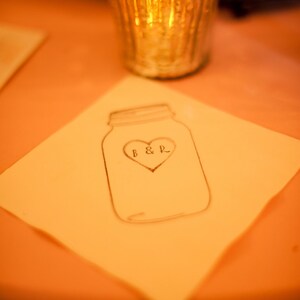 Rustic Personalized White Mason Jar Wedding 3 ply Paper Beverage Cocktail Napkins with Heart and Initials 5x5 inches set of 50 image 3