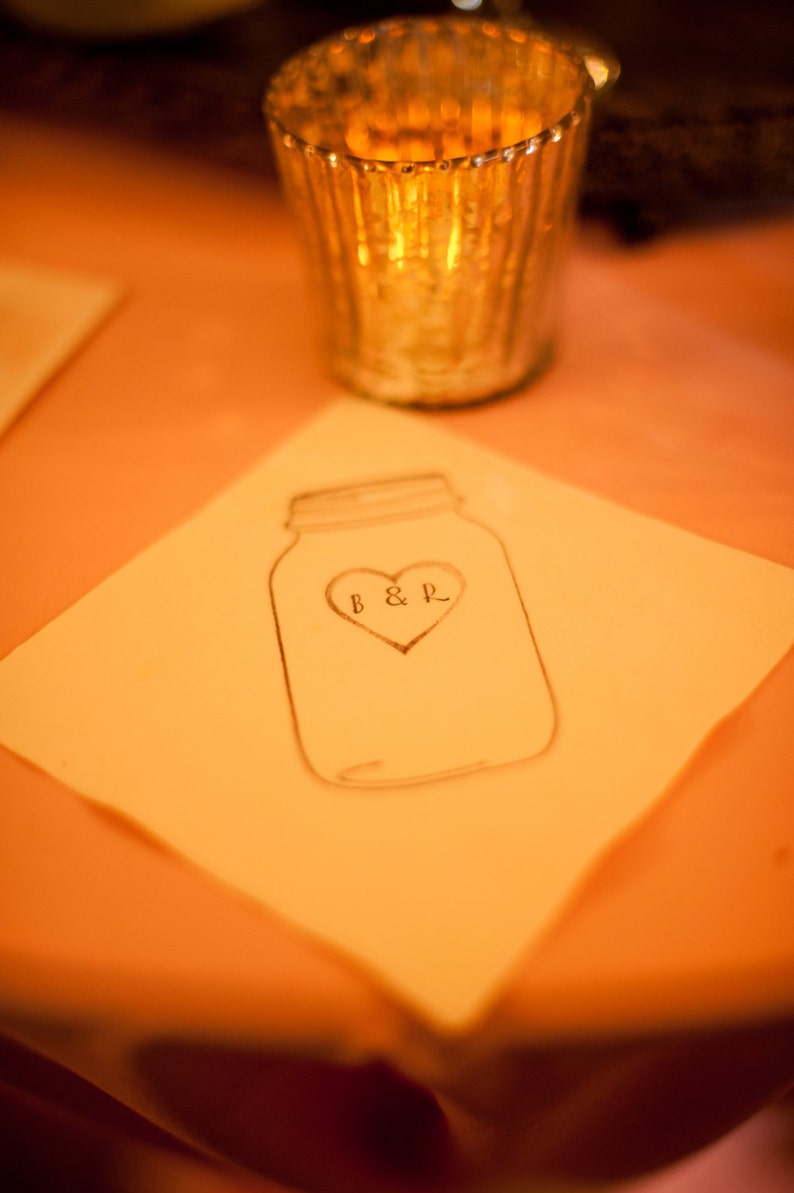 Rustic Personalized White Mason Jar Wedding 3 ply Paper Beverage Cocktail Napkins with Heart and Initials 5x5 inches set of 50 image 3